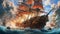 Historical painting of Sea battle in late 18th early 19th century, Ships ablaze, created with Generative AI technology