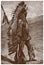 Historical pawnee chief standing in a landscape, wearing a feather bonnet and holding a spear