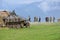 Historical reenactment of World War 2 battle - armored transport vehicle and soldiers dressed in german nazi uniforms