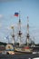 Historical replica of the sailing battleship Poltava stands on barrels in the waters of the Neva river. Saint-Petersburg, Russia