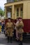 Historical restorers near the retro carriage of the Moscow tram