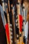 Historical set of old wooden arrows with bright plumage