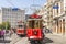 Historical sightseeing tram at Taksim Square on the streets of Istanbul. Turkey.