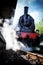 Historical steam engine train in motion