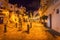 Historical streets of Ibiza Port d`Eivissa at night, city life, pubs and gardens