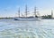 Historical three-master sailing ship leaving Hamburg, Germany