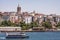 Historical tower and mosque in centre istanbul seashore with boats and tower turkey