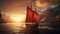 Historical Viking Ship in All its Glory, Sailing on a Norwegian Fjord at a Spectacular Sunset. Generative AI