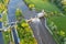 Historical water power plant building with the weir on the Labe River lock in Podebrady, Czech Republic. Aerial view on Old lock c