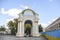 Historical well fountain Samson and Lion at Kontraktova Square in the Podil district in Kyiv, Ukraine, October 2020