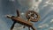 Historical wooden spinning wheel and clouds motion, time lapse