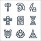 history line icons. linear set. quality vector line set such as indian tent, pharaoh, harp, hourglass, ankh, totem, feather pen,