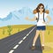 Hitchhiking woman with backpack and sunglasses standing on highway in mountains. Adventure and tourism concept.