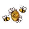 Hive with cute bees and flowers. Yellow beehive doodle vector illustration. Home of the wasp, bee and insect with