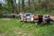 Hives of bees in the apiary. Painted wooden beehives with active honey bees. Bee yard in Switzeland