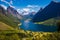 The Hjorundfjord and the Sunnmore Alps near Trandal, More og Romsdal, Norway