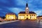 Hlinsko city, Czech Rapublic - Baroque town hall with clock tower at night, Vysocina