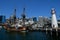 HMB Endeavour replica and lighthouse in the Australian National Maritime Museum, Sydney