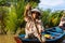 Ho Chi Minh City, Vietnam- November 9, 2022: Tourism rowing boat in the Mekong delta. Tours on Paddle boats, tourist attraction on