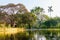 Ho Chi Minh`s Residence near the pond with fountain in Hanoi, Vietnam