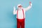 Ho-ho-ho. Portrait of overweight style funny hipster santa claus blogger in cap hat take selfie on cellphone make v