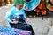HOA BINH, Vietnam, November 4, 2017 Thai ethnic minority women, highland Mai Chau, Hoa Binh, brocade
