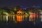 Hoan Kiem lake view at twiligHht with Ngoc Son old temple and The Huc bridge. Hoan Kiem lake or Sword lake or Ho Guom or is center