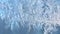 Hoarfrost on glass, snowflake closeup.