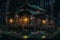 Hobbit house with flowers and lights in dark fantasy, abstract, backgrounds