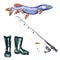 Hobby fishing set. Rubber boots, fresh caught pike fish, fishing rod. Hand drawn watercolor illustration