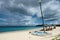 Hobie cat catamaran sailboat, beach chairs and beach umbrellas, Anguilla, British West Indies, BWI, Caribbean