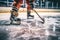 Hockey player with a stick on the ice arena