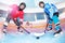 Hockey players challenging for puck on ice rink