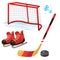 Hockey set. Color images of cartoon skates with stick and puck on white background. Sports equipment. Vector illustration