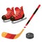 Hockey set. Color images of cartoon skates with stick and puck on white background. Sports equipment. Vector illustration