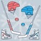 Hockey set of vector images: stick, puck, helmet, skates, red and blue on the background of snowflakes. Winter sports.