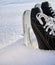 The hockey skates close-up on fresh snow
