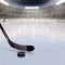 Hockey Stick and Puck on Ice of Crowded Arena