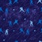 Hockey ultra blue seamless pattern. Young players with hockey sticks and pucks.