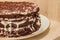 Ð¡hocolate cake is soaked in sour cream and decorated with chocolate shavings.