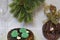 Ð¡hocolate cake, wine glasses and a fir branch on a light wall background