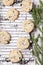 Ð¡hocolate Chip Cookies on cooling rack and on birch bark decorated fir branches and cones