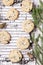 Ð¡hocolate Chip Cookies on cooling rack and on birch bark decorated fir branches and cones