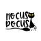 Hocus Pocus- funny Halloween text with black cat and broom.
