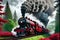 Hogwarts Express Steam Train Emerging from a Misty Forest, Vivid Reds and Blacks of the Locomotive Contrasting the Enchantment