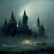 Hogwarts school at night covered in fog digital art
