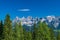 Hohe Dachstein mountain range in Austria with green trees in the