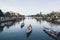 Hoi An, Vietnam - June 2019: colorful tourist boat sailing on Thu Bon river