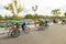 Hoian, Vietnam - JUNE 25, 2019 : Taxi tricycle park in Hoi an old town service tourists by bike around old town