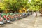 Hoian, Vietnam - JUNE 25, 2019 : Taxi tricycle park in Hoi an old town service tourists by bike around old town